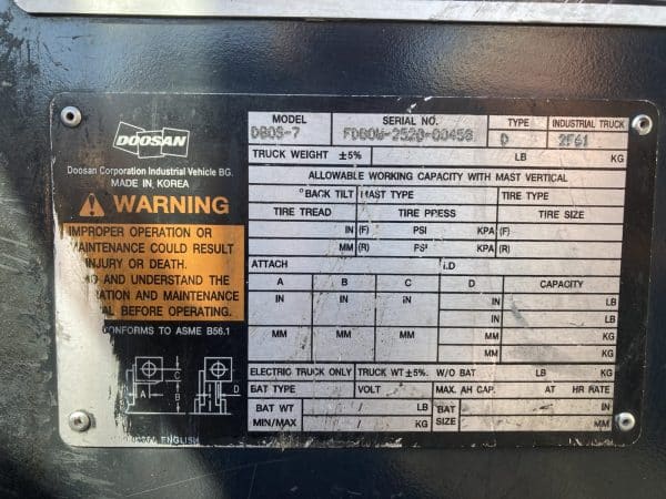 2017 Doosan D80 17000 lb Capacity Diesel Forklift - Image 6
