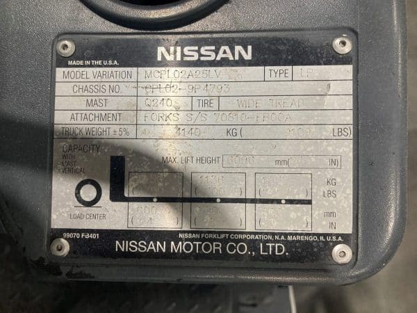 2006 Nissan CF50LP 5000 lb Capacity Cushion Tire Forklift w/ Quad Mast - Image 4