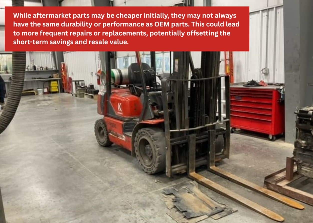 Forklift operating inside a warehouse, representing the durability and performance benefits of using OEM forklift parts. Caption: While aftermarket parts may be cheaper initially, they may not always have the same durability or performance as OEM parts. This could lead to more frequent repairs or replacements, potentially offsetting the short-term savings and resale value.