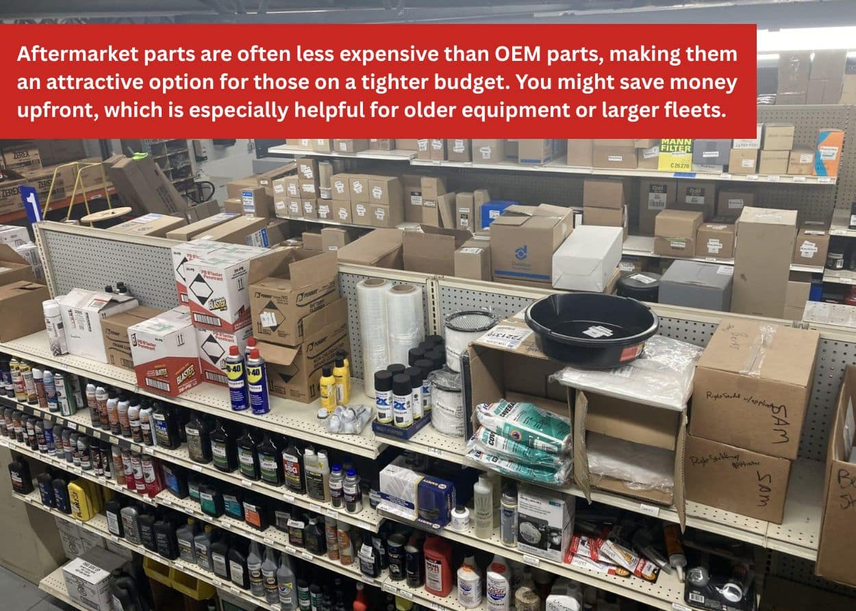 Forklift parts inventory shelves stocked with OEM and aftermarket components used for equipment maintenance and repairs. Caption: Aftermarket parts are often less expensive than OEM parts, making them an attractive option for those on a tighter budget. You might save money upfront, which is especially helpful for older equipment or larger fleets.