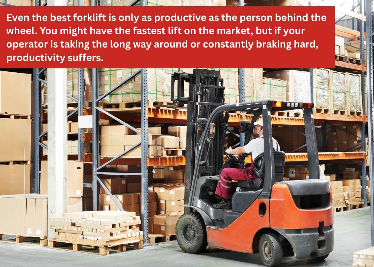 Forklift operator moving palletized boxes in a warehouse aisle to improve workflow efficiency and productivity.